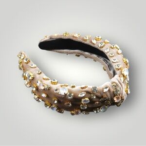 ✨ Rhinestone Ribbon Velvet Headband – Beige Gold Crystal ✨